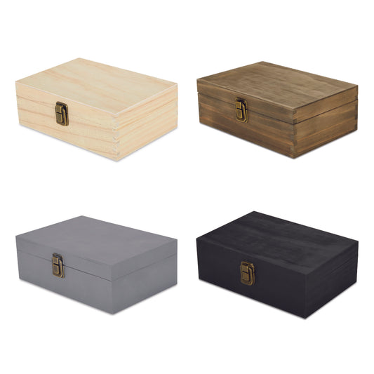 wood medium sized memory boxes, unfinished pine, walnut, grey & black